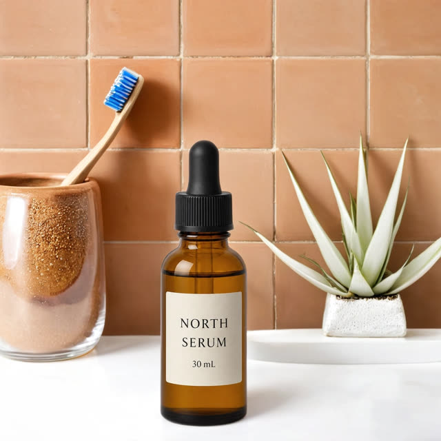 Mokker generated result preserving the NORTH serum bottle and readable label