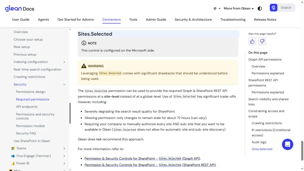Glean official SharePoint documentation describing Sites.Selected limitations