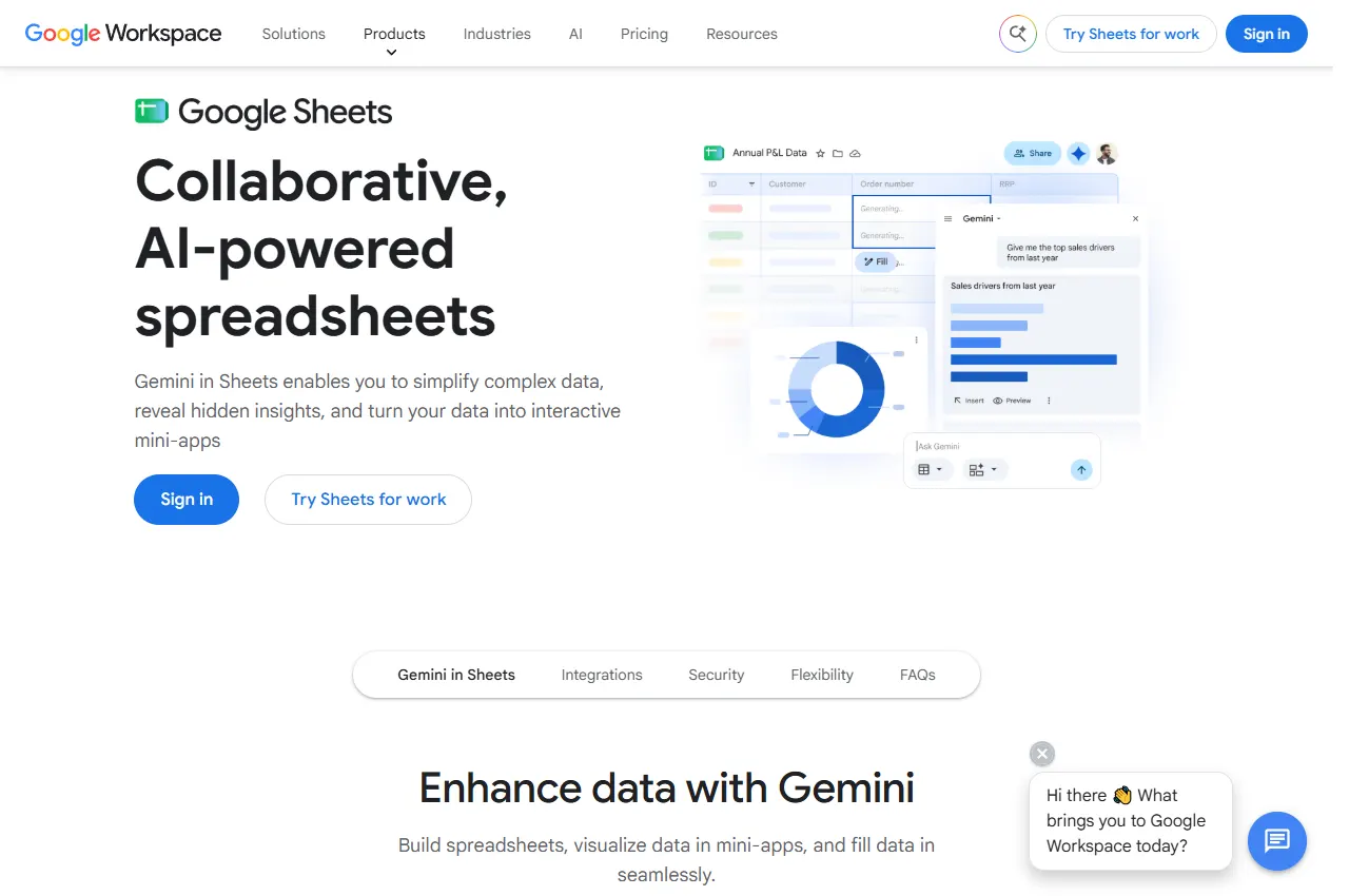 Gemini in Google Sheets: official website preview