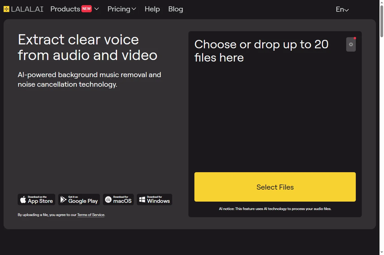 LALAL.AI Voice Cleaner official upload page, 22 September 2026